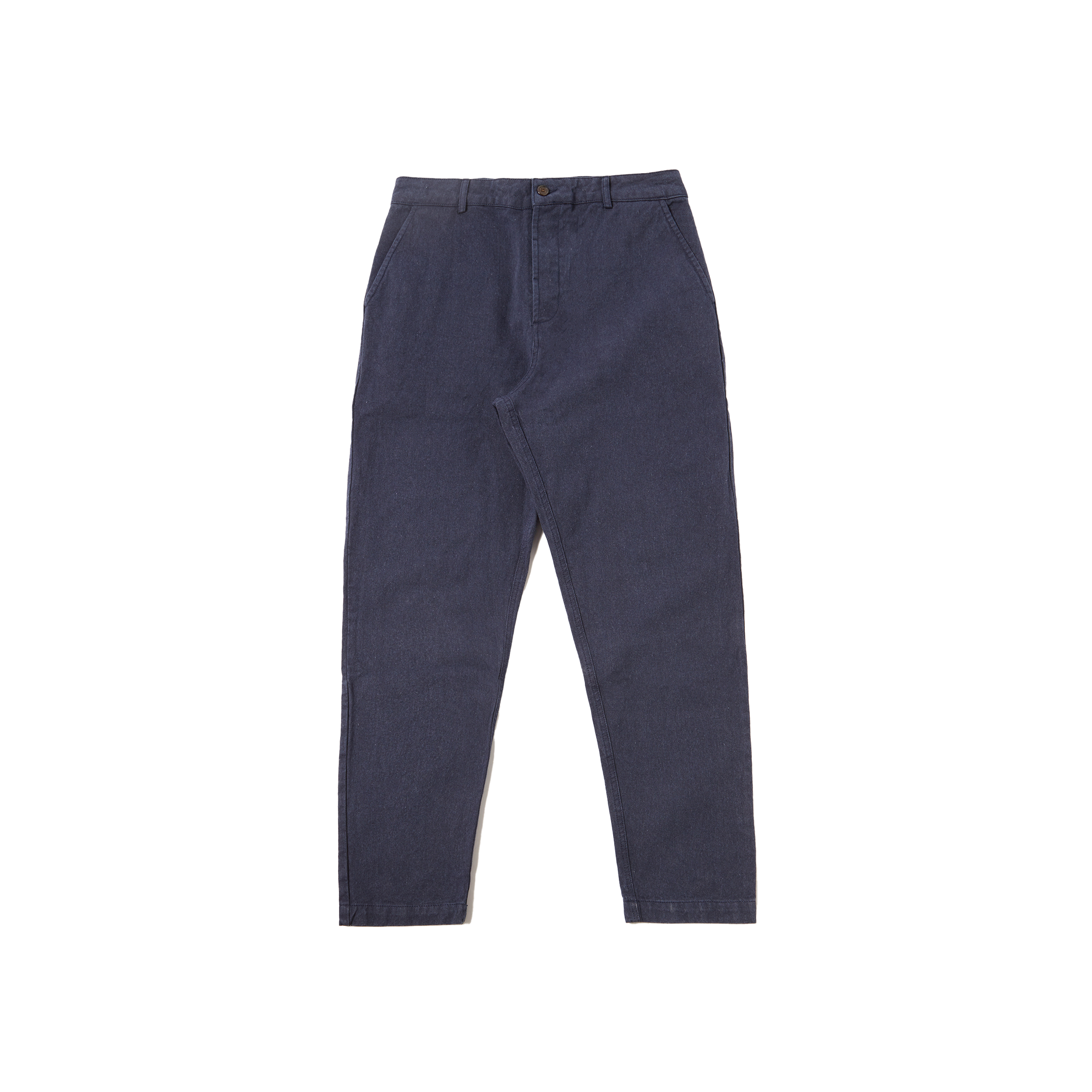 Military Chino pants by Universal Works, made from recycled cotton, laid flat on a white background.