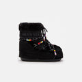 The Icon Low Faux Fur Beads by Moon Boot features a black fur design with colorful beads on the laces and "Moon Boot" text on the upper side.