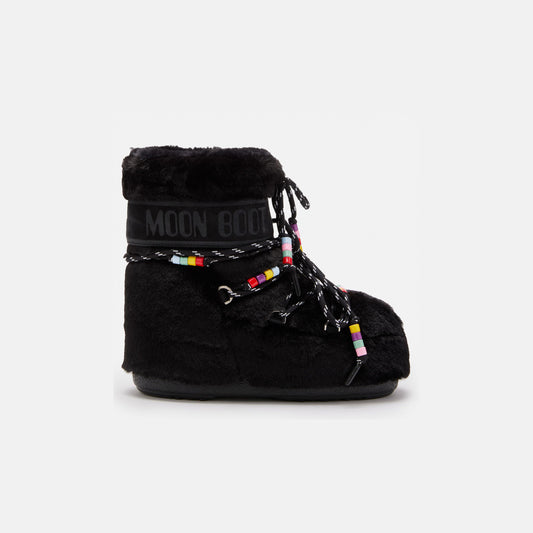 The Icon Low Faux Fur Beads by Moon Boot features a black fur design with colorful beads on the laces and "Moon Boot" text on the upper side.