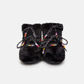 The "Icon Low Faux Fur Beads" by Moon Boot, featuring black fur and laces with colorful bead accents, front view on a white background.