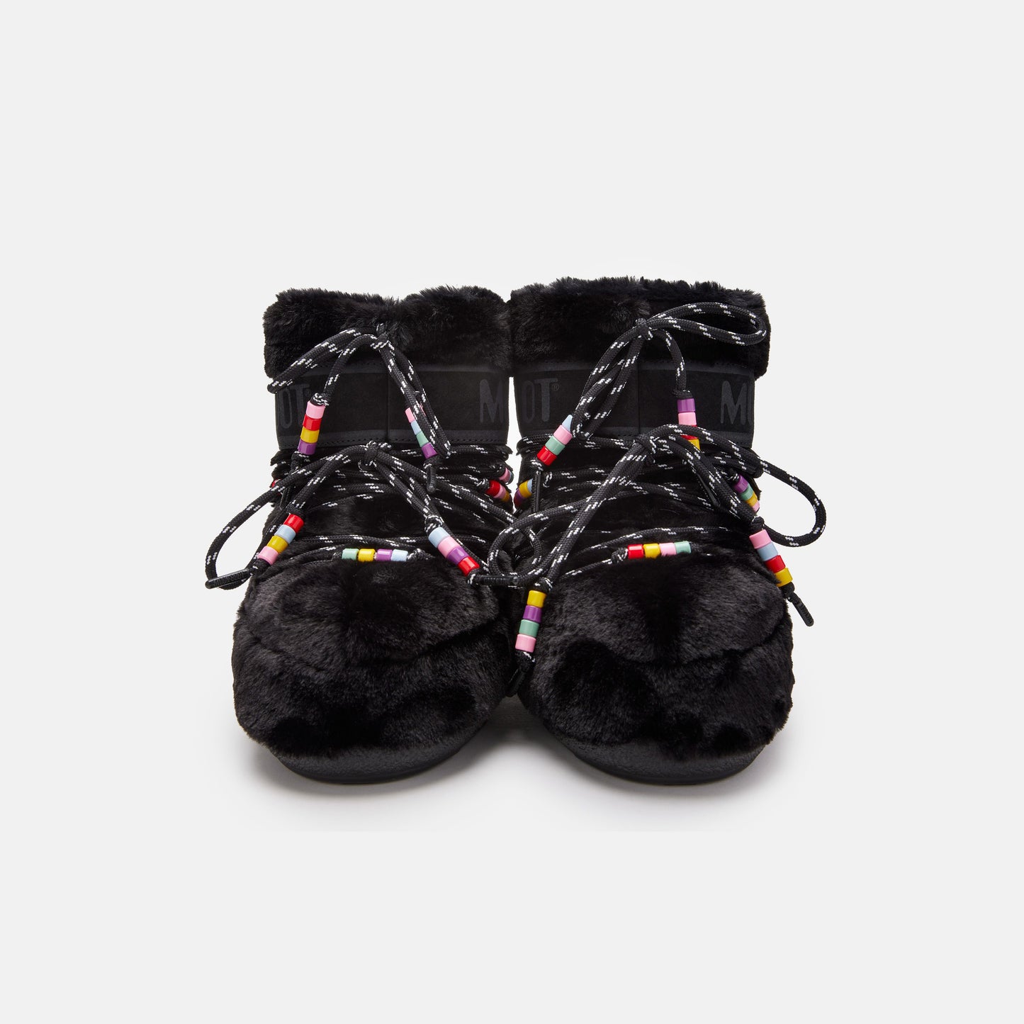 The "Icon Low Faux Fur Beads" by Moon Boot, featuring black fur and laces with colorful bead accents, front view on a white background.