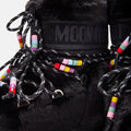 Black fuzzy Icon Low Faux Fur Beads boots with laces and multicolored bead decorations, featuring a "Moon Boot" brand label near the top.