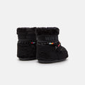 Two Icon Low Faux Fur Beads boots by Moon Boot, featuring black fur lining and colorful beaded laces, displayed on a plain white background.
