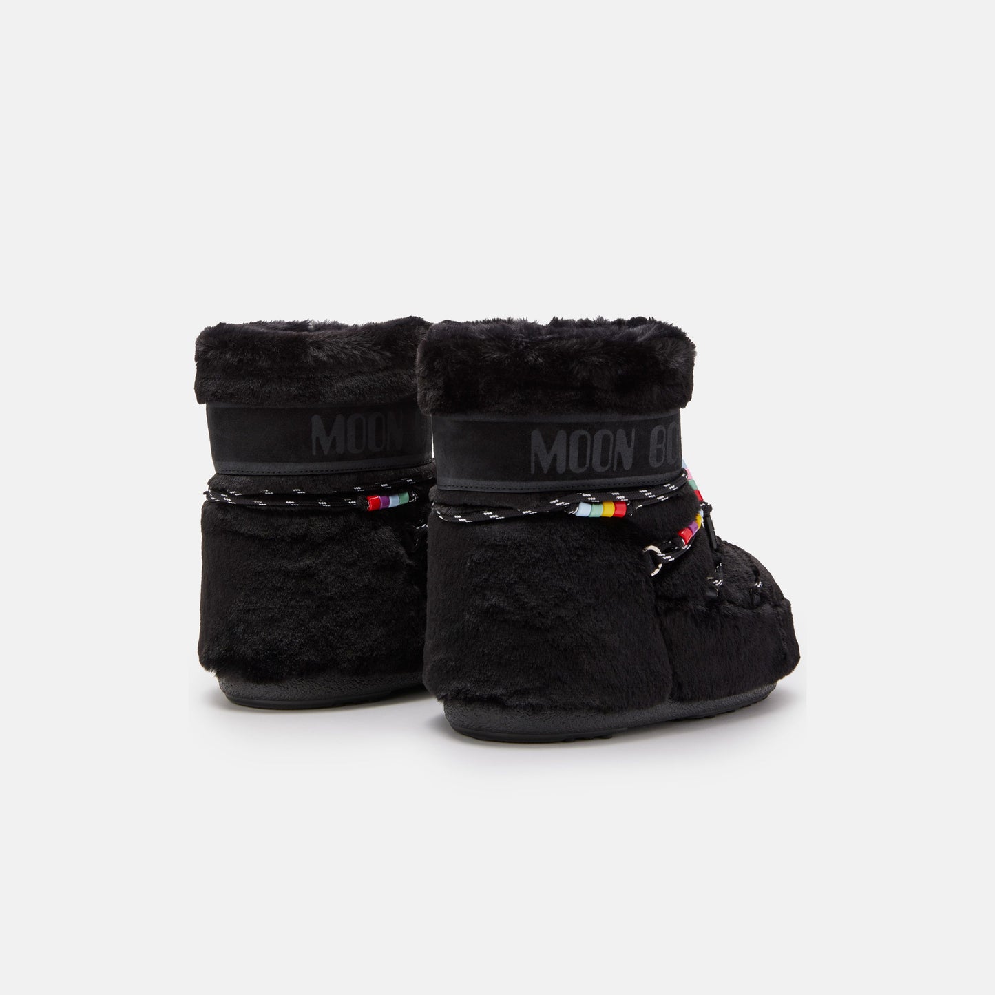Two Icon Low Faux Fur Beads boots by Moon Boot, featuring black fur lining and colorful beaded laces, displayed on a plain white background.