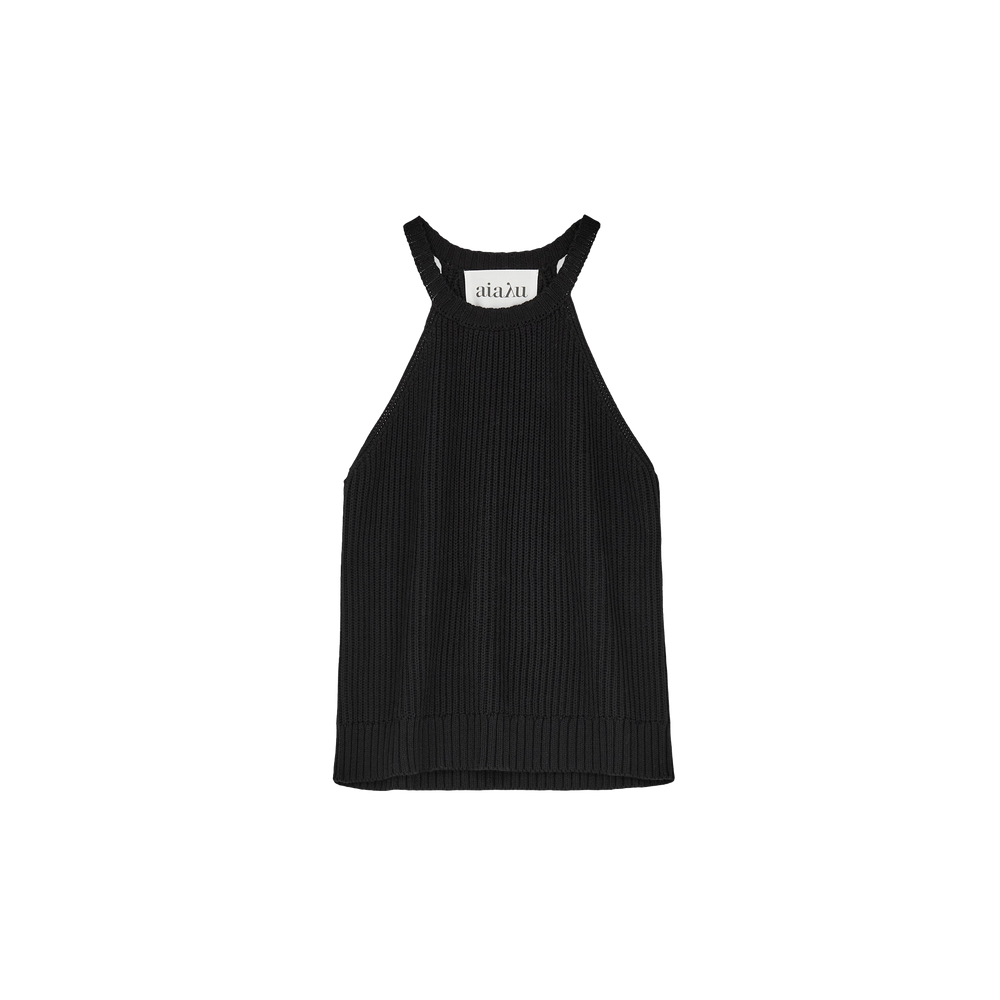 The Muse Top by Aiayu is a black, ribbed halter top made from organic cotton, featuring a high neckline and a visible label at the back, set against a plain background.