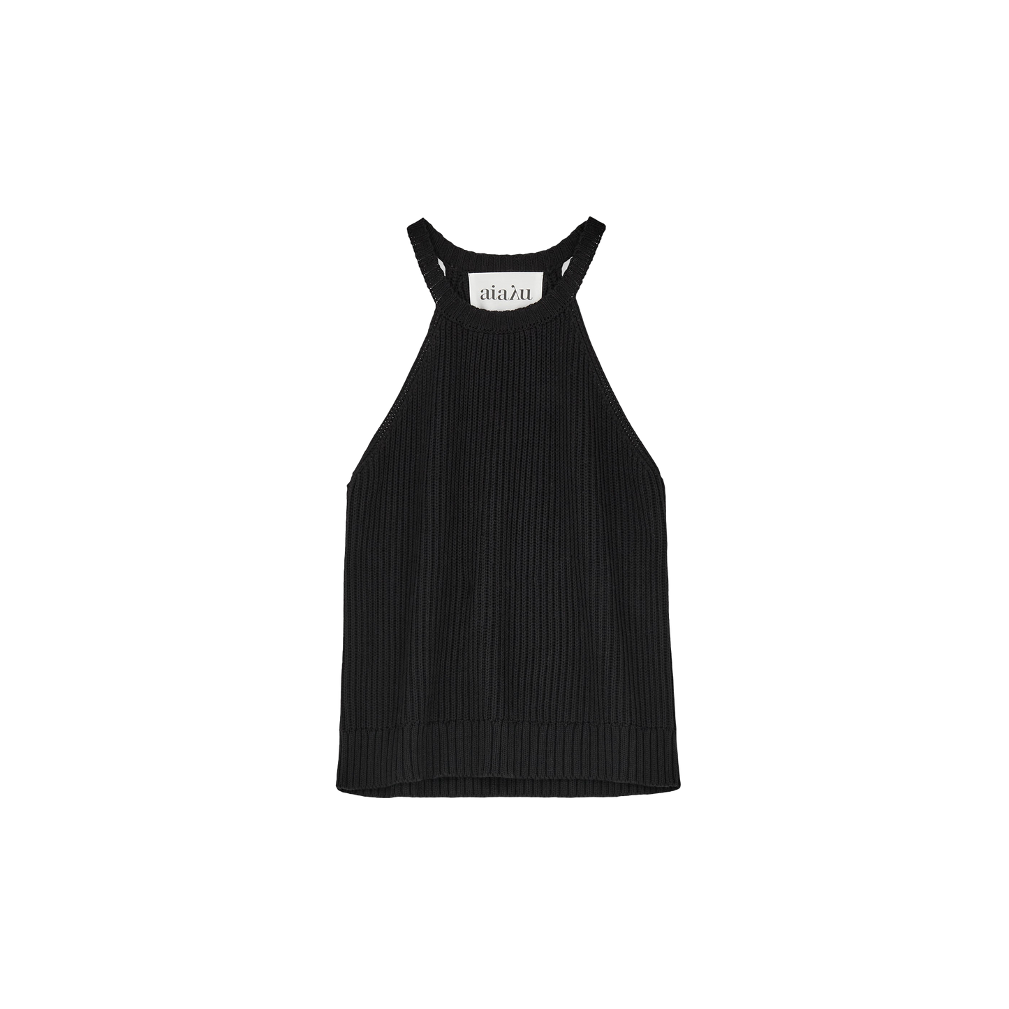 The Muse Top by Aiayu is a black, ribbed halter top made from organic cotton, featuring a high neckline and a visible label at the back, set against a plain background.