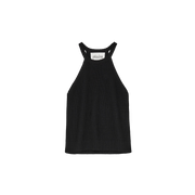 The Muse Top by Aiayu is a black, ribbed halter top made from organic cotton, featuring a high neckline and a visible label at the back, set against a plain background.
