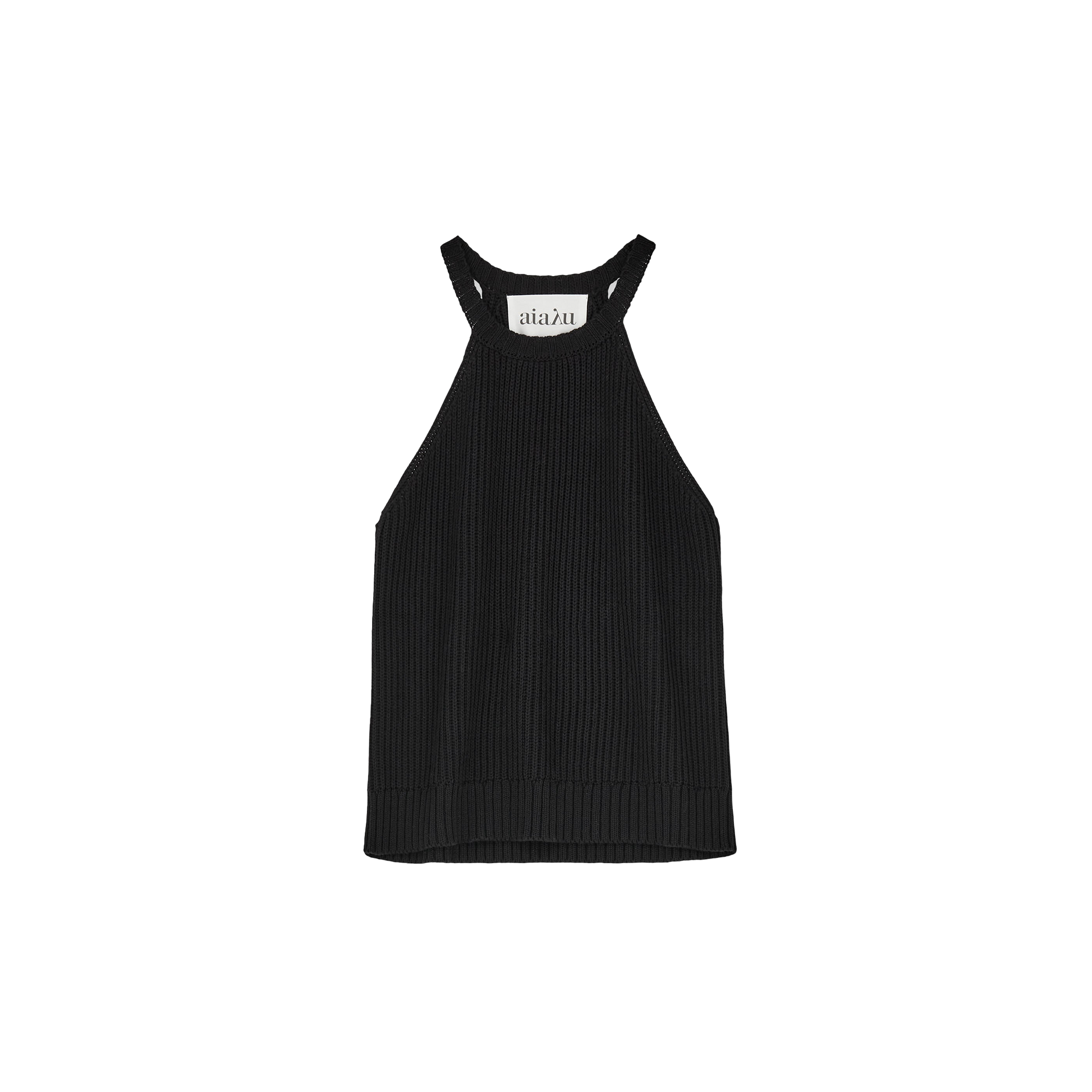 The Muse Top by Aiayu is a black, ribbed halter top made from organic cotton, featuring a high neckline and a visible label at the back, set against a plain background.