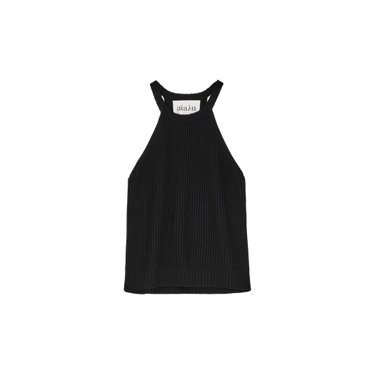 The Muse Top by Aiayu is a black, ribbed halter top made from organic cotton, featuring a high neckline and a visible label at the back, set against a plain background.