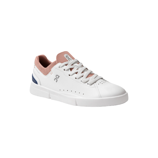 The On Running W The Roger Advantage in White/Rose is a tennis-inspired sneaker featuring a pink tongue and collar, navy heel accent, perforated sides, and crisp white laces, offering stability and comfort. Shown on a white background.