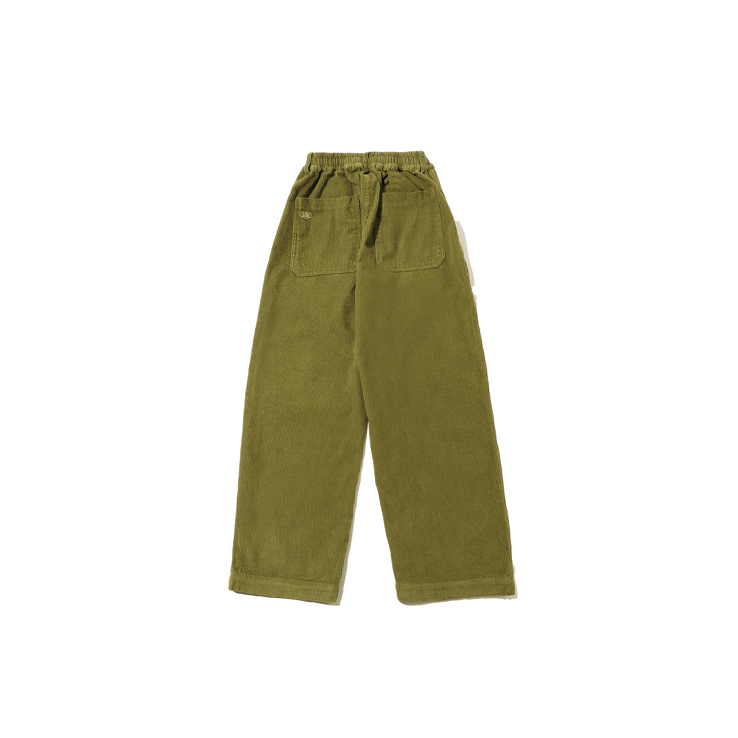 The One Tuck Fatigue Corduroy Pants by Kappy are crafted from olive green cotton corduroy and feature an elastic waistband, two back pockets, and a prominent brand tag on the left. Designed to be unisex, these pants come in one size that fits most, offering a seamless blend of comfort and style.