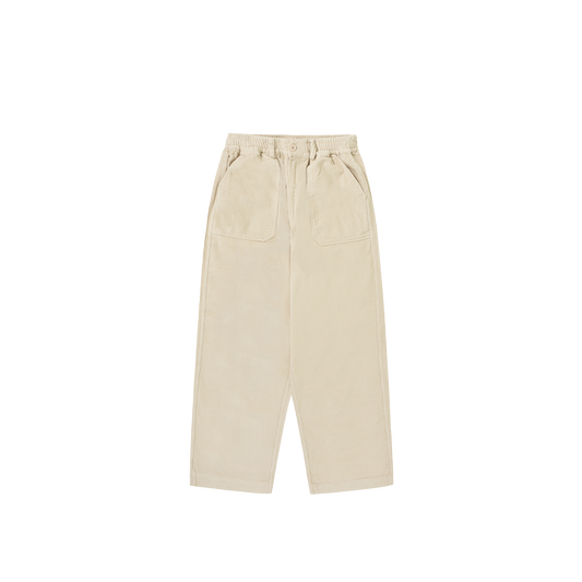 The beige One Tuck Fatigue Corduroy Pants by Kappy are made of cotton corduroy and feature an elastic waistband with two front pockets. These unisex pants, designed as one size fits most, are laid flat on a white background for versatile comfort and style.