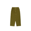 The One Tuck Fatigue Corduroy Pants by Kappy are unisex and come in an olive green color, made from cotton with an elastic waistband and two front pockets. Designed as one size fits most, they are displayed laid flat against a white background.