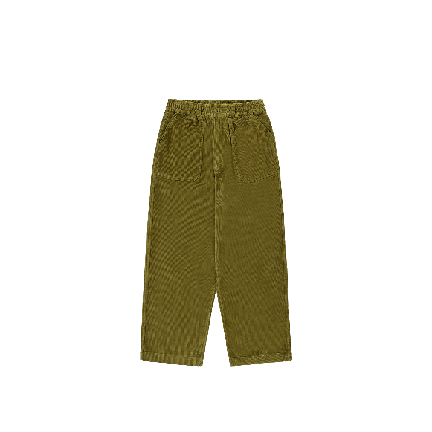 The One Tuck Fatigue Corduroy Pants by Kappy are unisex and come in an olive green color, made from cotton with an elastic waistband and two front pockets. Designed as one size fits most, they are displayed laid flat against a white background.