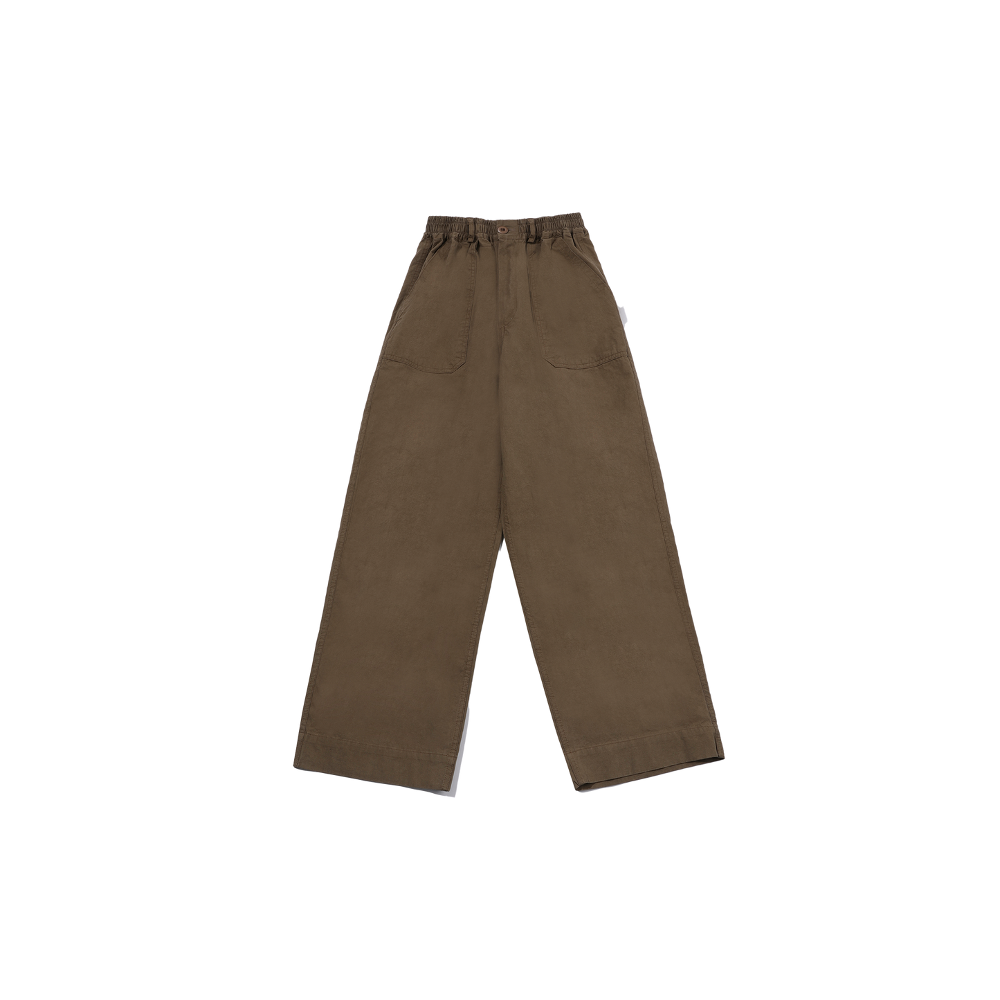 The One Tuck Wide Fatigue Pant by Kappy features an elastic waistband and spacious front pockets, showcasing a unisex design that embodies the "one size fits most" philosophy. Set against a simple backdrop, these pants seamlessly combine comfort with style.