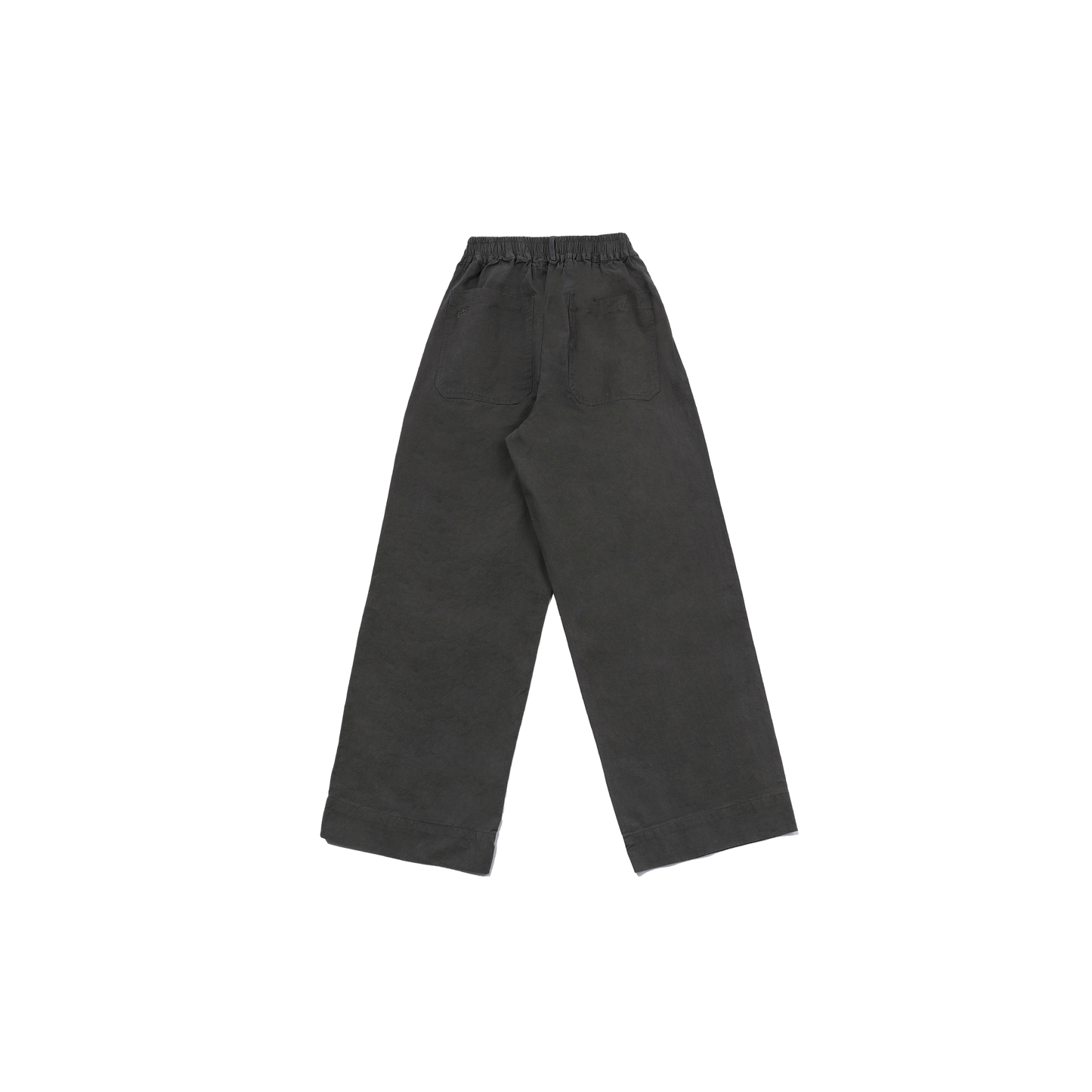 Kappy's One Tuck Wide Fatigue Pant, a unisex dark grey design with an elastic waistband and back pockets, is shown laid flat on a white background. These cotton pants are stylishly designed to be one size fits most, providing comfort and versatility for any wardrobe.