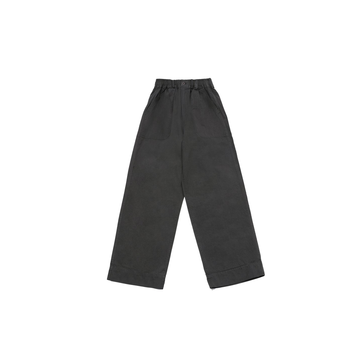 Kappy's One Tuck Wide Fatigue Pant in dark gray offers a comfortable and stylish fit for everyone, featuring an elastic waistband and crafted from soft cotton. Designed with a "one size fits most" approach, these unisex, wide-leg pants stand out against a plain background.