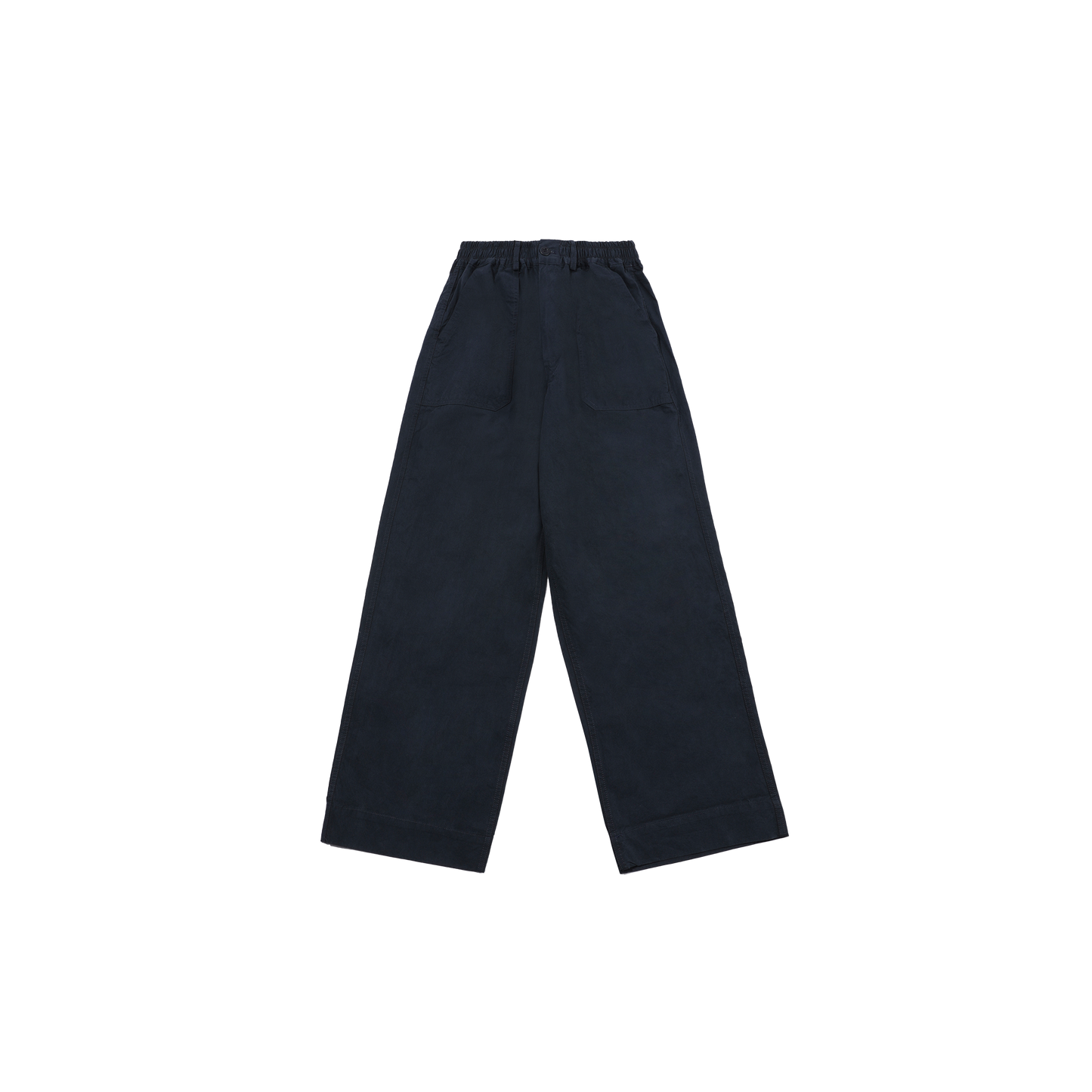 The One Tuck Wide Fatigue Pant by Kappy is a unisex, one size fits most design in navy blue, featuring wide legs, an elastic waistband, and large front pockets. It's showcased against a plain background.