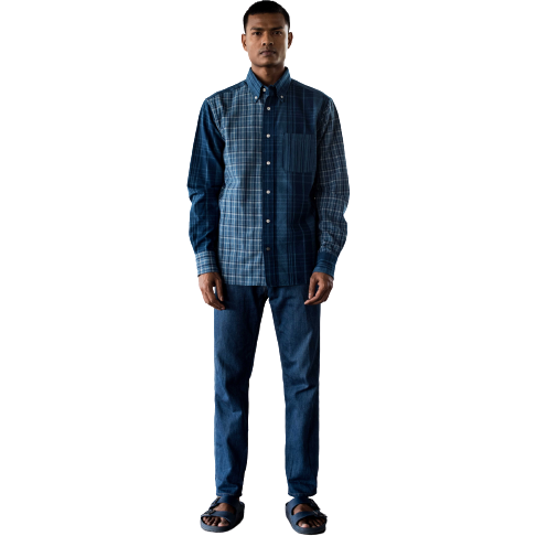 Original Madras Trading Co. M Button Down Shirt Contrasting Collar LS Button Down, Multi Blue Plaid