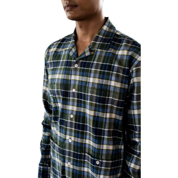 Original Madras Trading Co. M Long Sleeve T-Shirts Band Collar LS Popover Shirt, Olive / Blue Plaid