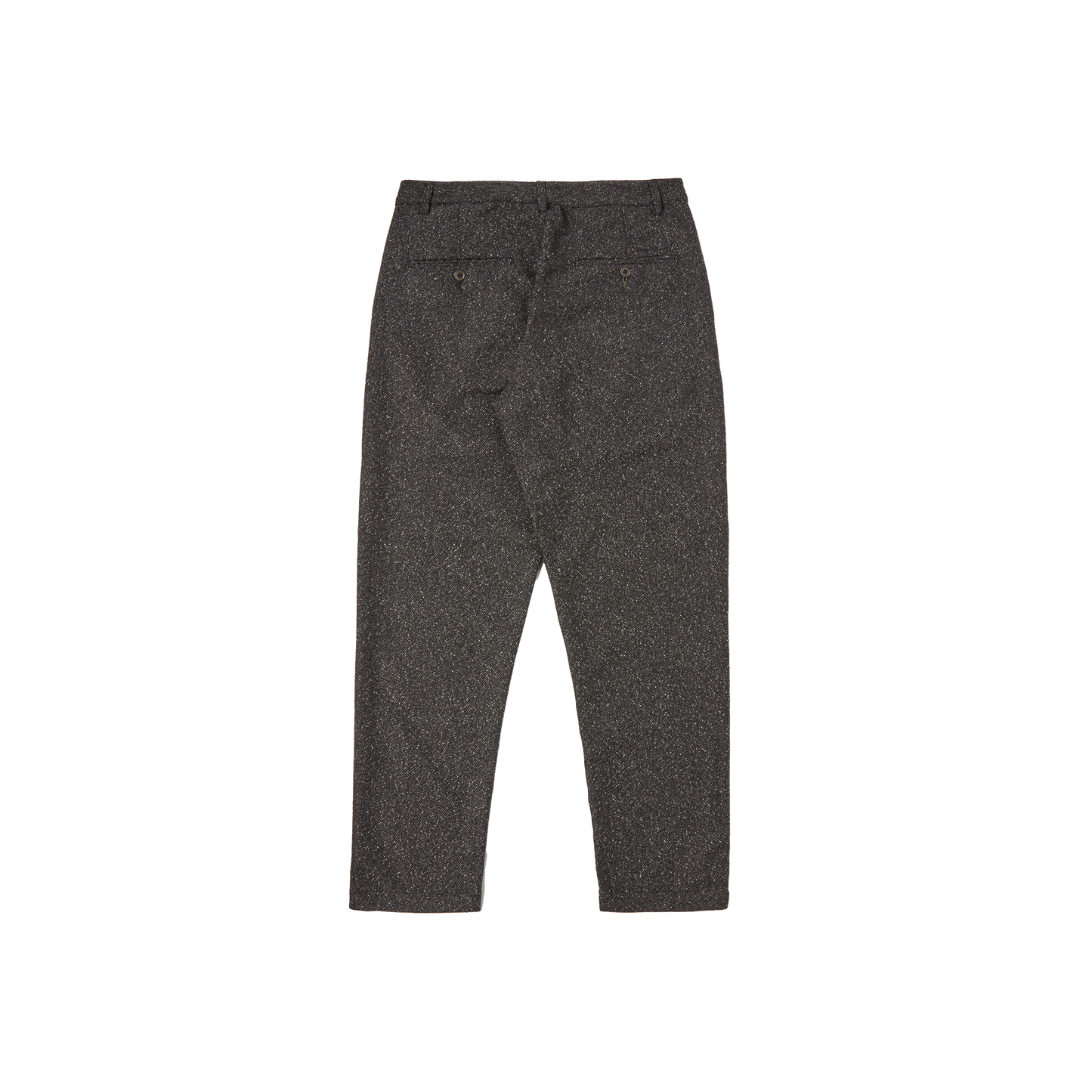The rear view of the Oxford Pant by Universal Works shows its premium wool craftsmanship and classic tailoring, complete with two back pockets and belt loops, set against a white background.