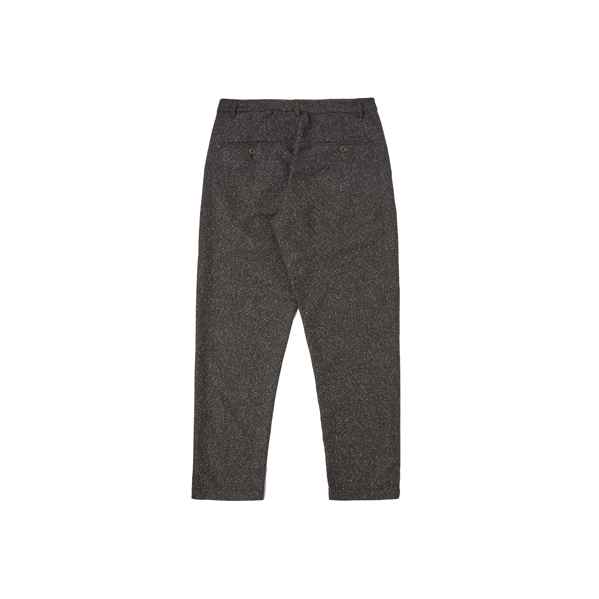 The rear view of the Oxford Pant by Universal Works shows its premium wool craftsmanship and classic tailoring, complete with two back pockets and belt loops, set against a white background.