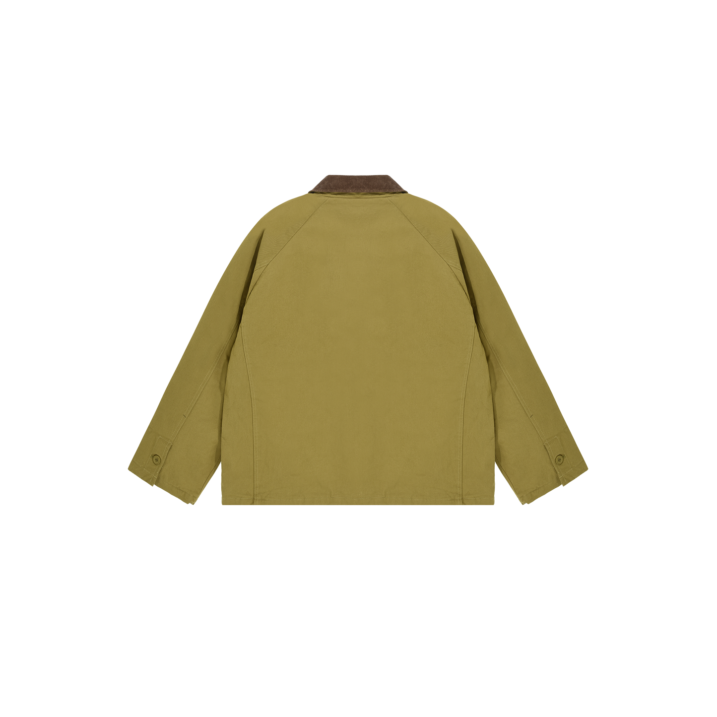 Kappy's Padded Hunting Jacket in olive green features a classic brown collar, buttoned cuffs, and a straight hem, showcased from the back.