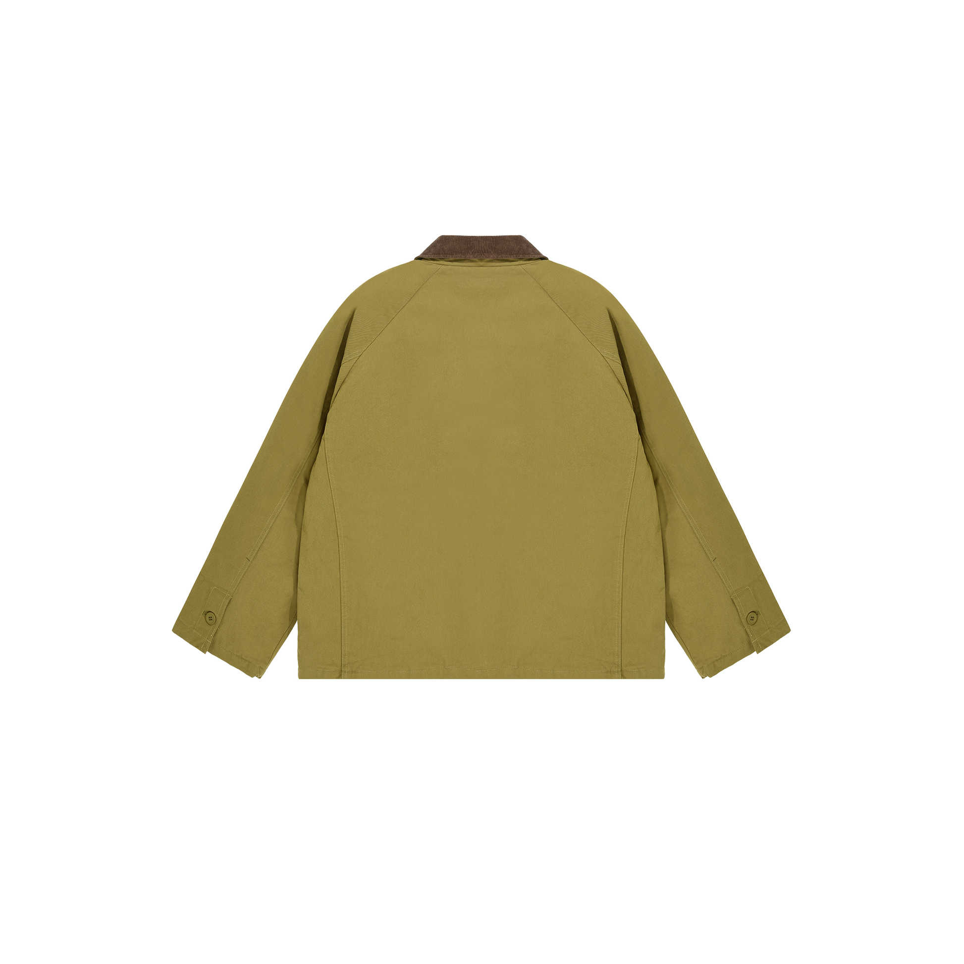 Kappy's Padded Hunting Jacket in olive green features a classic brown collar, buttoned cuffs, and a straight hem, showcased from the back.