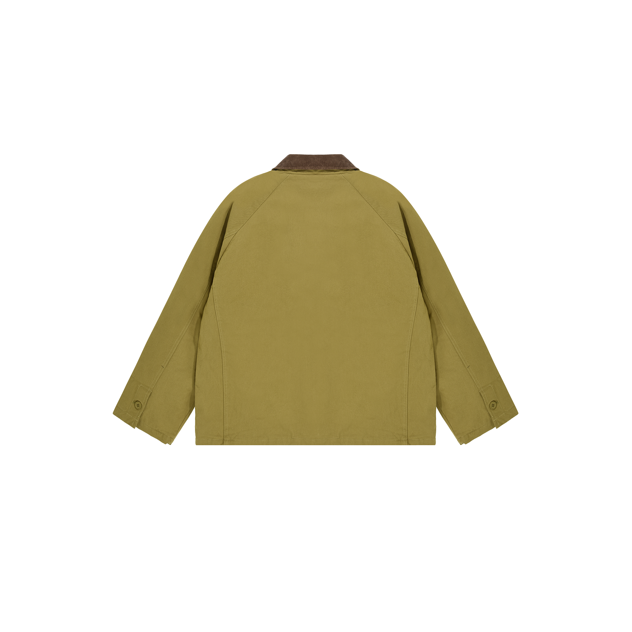 Kappy's Padded Hunting Jacket in olive green features a classic brown collar, buttoned cuffs, and a straight hem, showcased from the back.