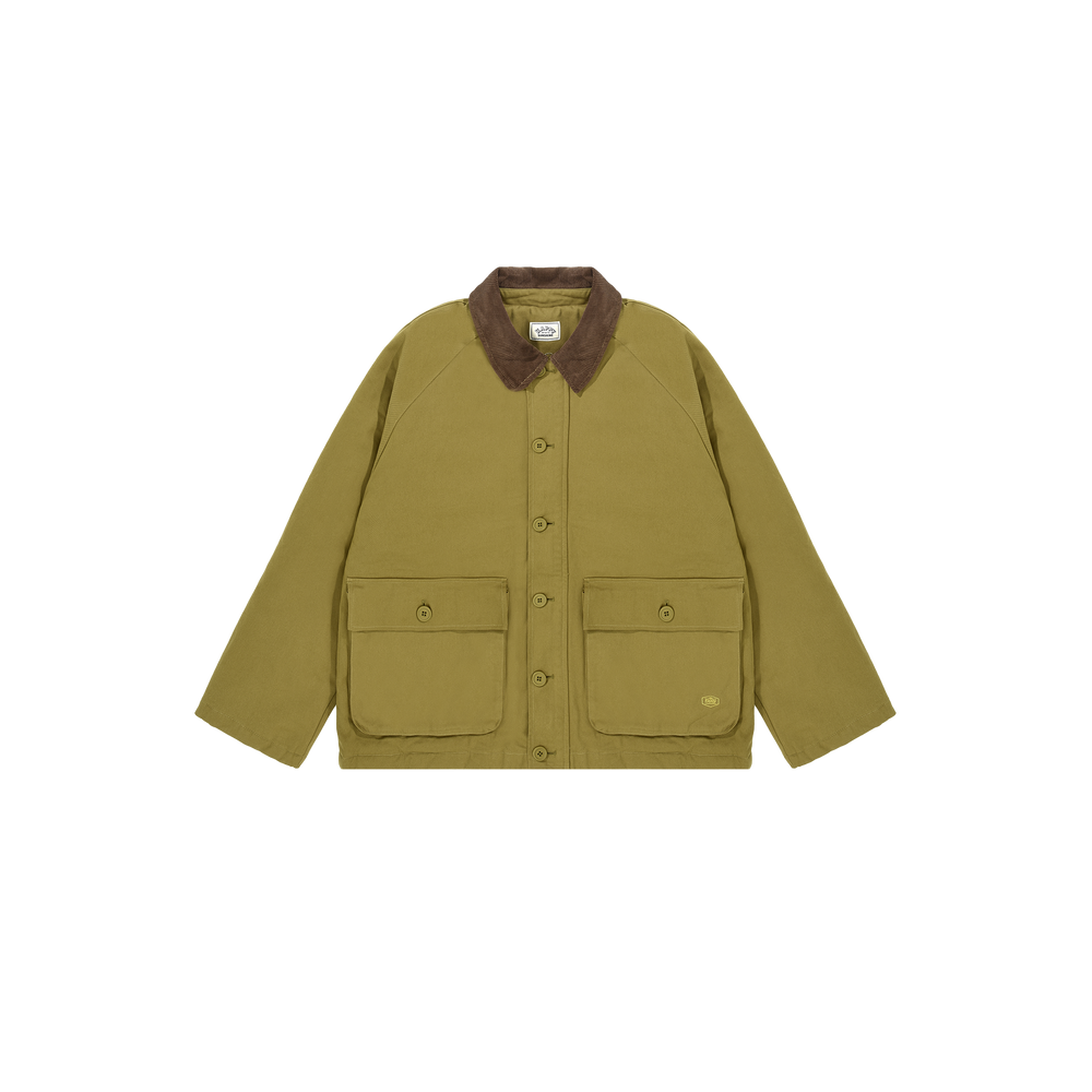 The classic Padded Hunting Jacket by Kappy, in an olive green hue with a brown collar and two front pockets, is showcased against a simple backdrop. Designed to be genderless, it seamlessly merges style and versatility for any wardrobe.