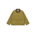 The classic Padded Hunting Jacket by Kappy, in an olive green hue with a brown collar and two front pockets, is showcased against a simple backdrop. Designed to be genderless, it seamlessly merges style and versatility for any wardrobe.