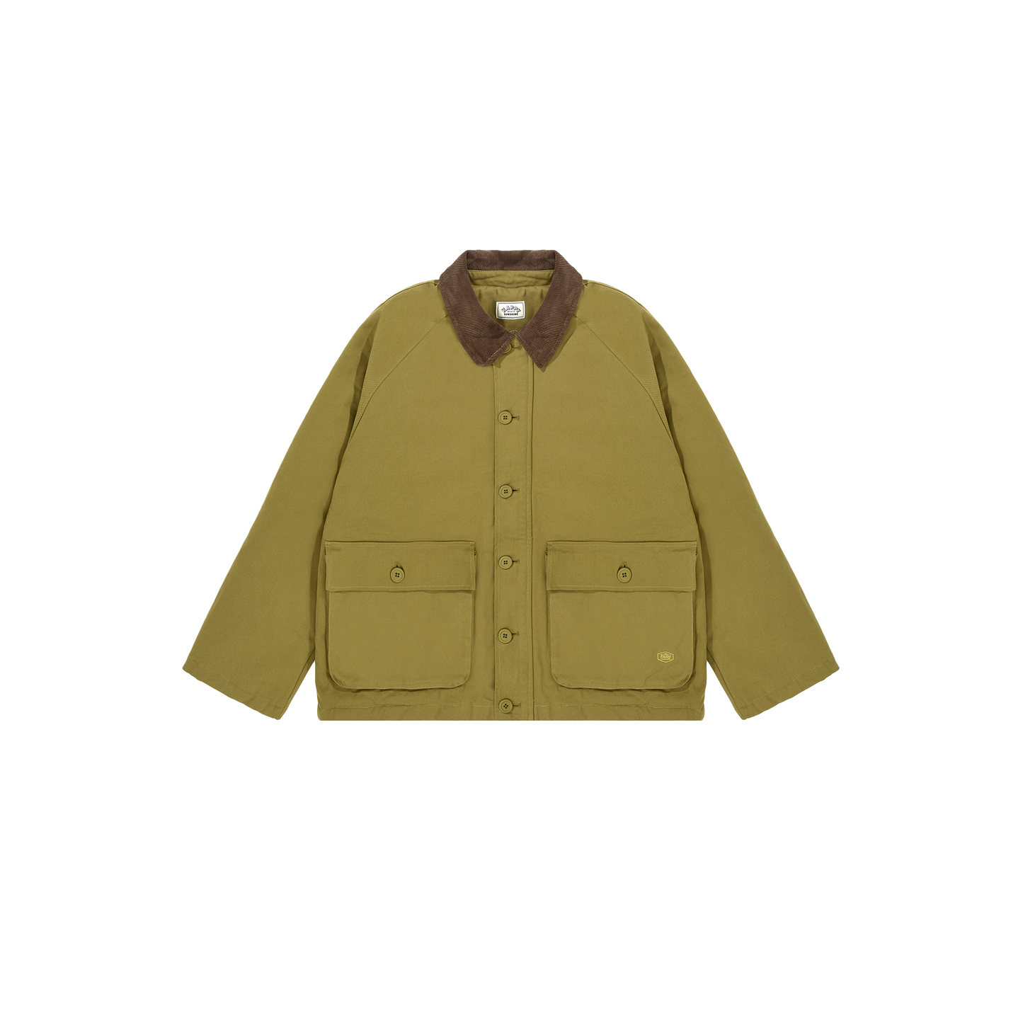 The classic Padded Hunting Jacket by Kappy, in an olive green hue with a brown collar and two front pockets, is showcased against a simple backdrop. Designed to be genderless, it seamlessly merges style and versatility for any wardrobe.