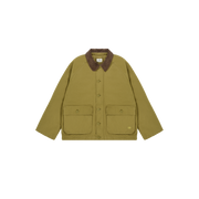 The classic Padded Hunting Jacket by Kappy, in an olive green hue with a brown collar and two front pockets, is showcased against a simple backdrop. Designed to be genderless, it seamlessly merges style and versatility for any wardrobe.