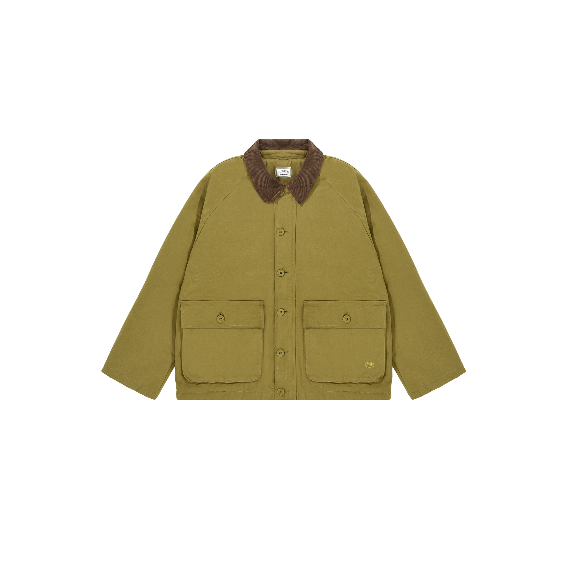 The classic Padded Hunting Jacket by Kappy, in an olive green hue with a brown collar and two front pockets, is showcased against a simple backdrop. Designed to be genderless, it seamlessly merges style and versatility for any wardrobe.