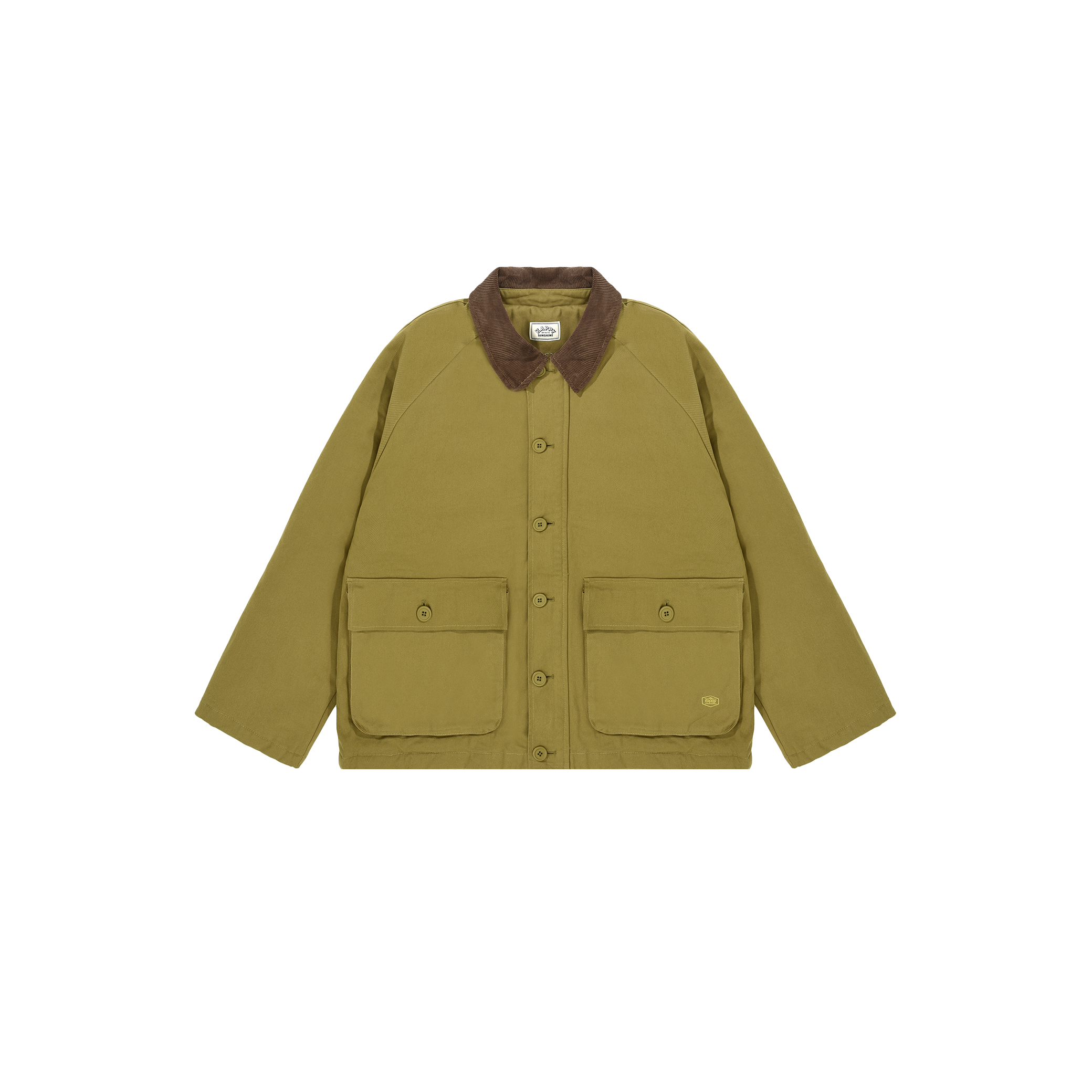 The classic Padded Hunting Jacket by Kappy, in an olive green hue with a brown collar and two front pockets, is showcased against a simple backdrop. Designed to be genderless, it seamlessly merges style and versatility for any wardrobe.