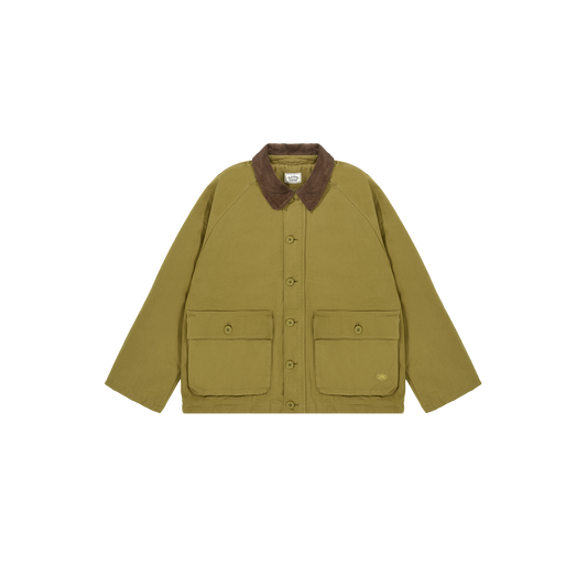 The classic Padded Hunting Jacket by Kappy, in an olive green hue with a brown collar and two front pockets, is showcased against a simple backdrop. Designed to be genderless, it seamlessly merges style and versatility for any wardrobe.