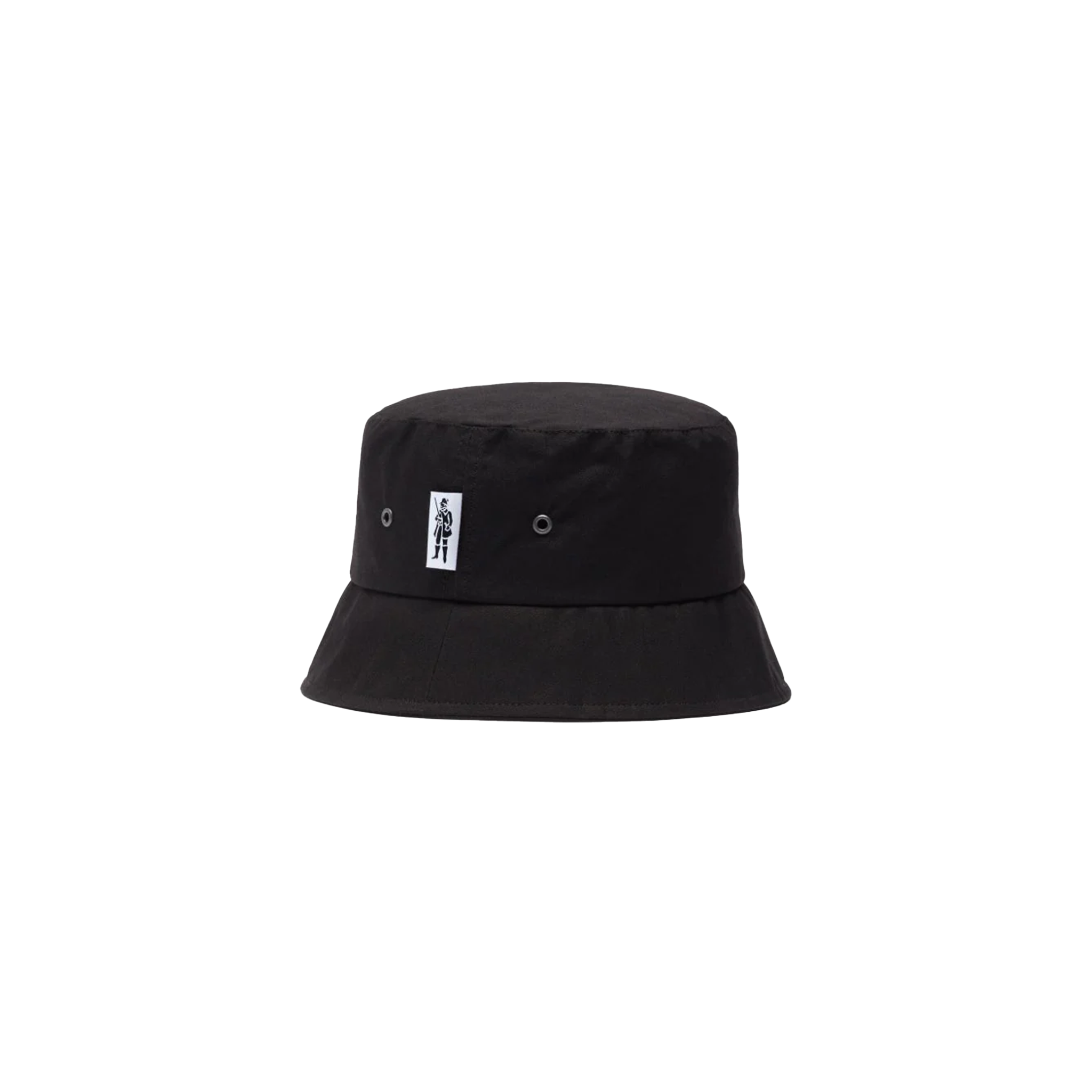 The Pelting Bucket Hat by Mackintosh is a black bucket hat made from dry wax cotton, featuring a small white rectangular label with a graphic symbol on the front. It offers both style and water-repellent functionality.