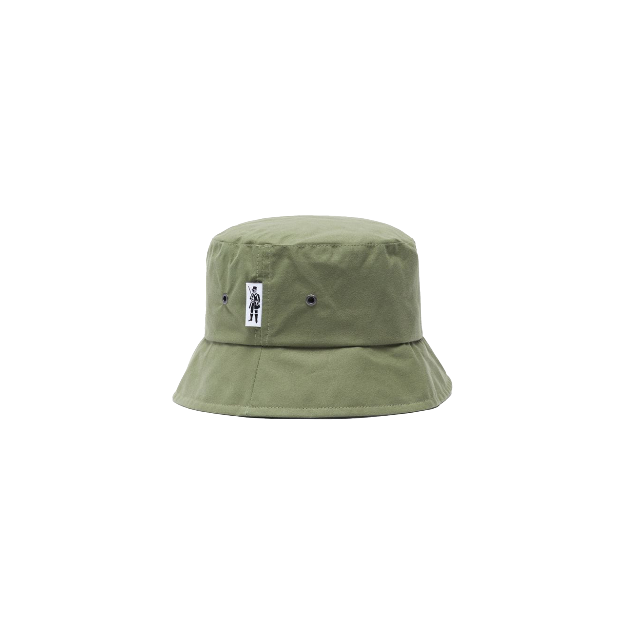 The Pelting Bucket Hat by Mackintosh is crafted from green water-repellent Dry Wax Cotton. It has a small black and white label on the front and features two ventilation eyelets on each side for breathability.