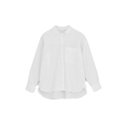 The Philo Tailored Shirt by Aiayu, made from luxurious Thomas Mason cotton, presents a classic white design with long sleeves and a front pocket. It embodies the elegance of European tailormade fashion, offering style and sophistication against its plain backdrop.