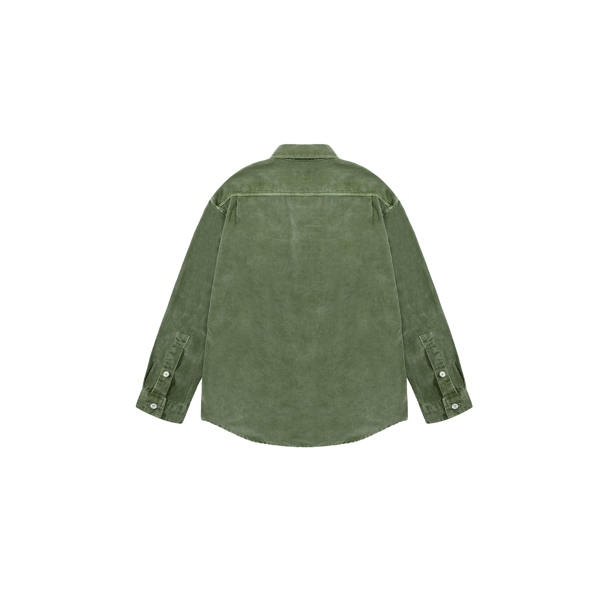 Back view of the Pigment Corduroy Shirt by Kappy, a green unisex button-up shirt featuring a classic collar and long sleeves.