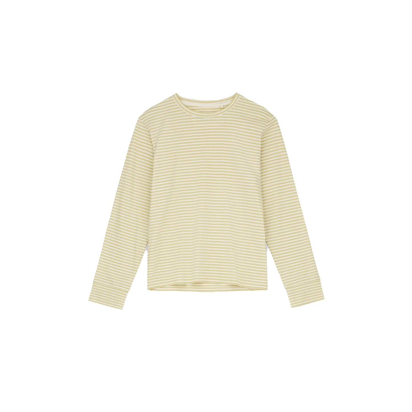 The W Rex Circular LS by Aiayu is a stylish long-sleeve, crew-neck shirt with yellow and white stripes, made from soft organic cotton. It offers a perfect blend of style and sustainability, displayed on a plain black background.