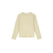 The W Rex Circular LS by Aiayu is a stylish long-sleeve, crew-neck shirt with yellow and white stripes, made from soft organic cotton. It offers a perfect blend of style and sustainability, displayed on a plain black background.
