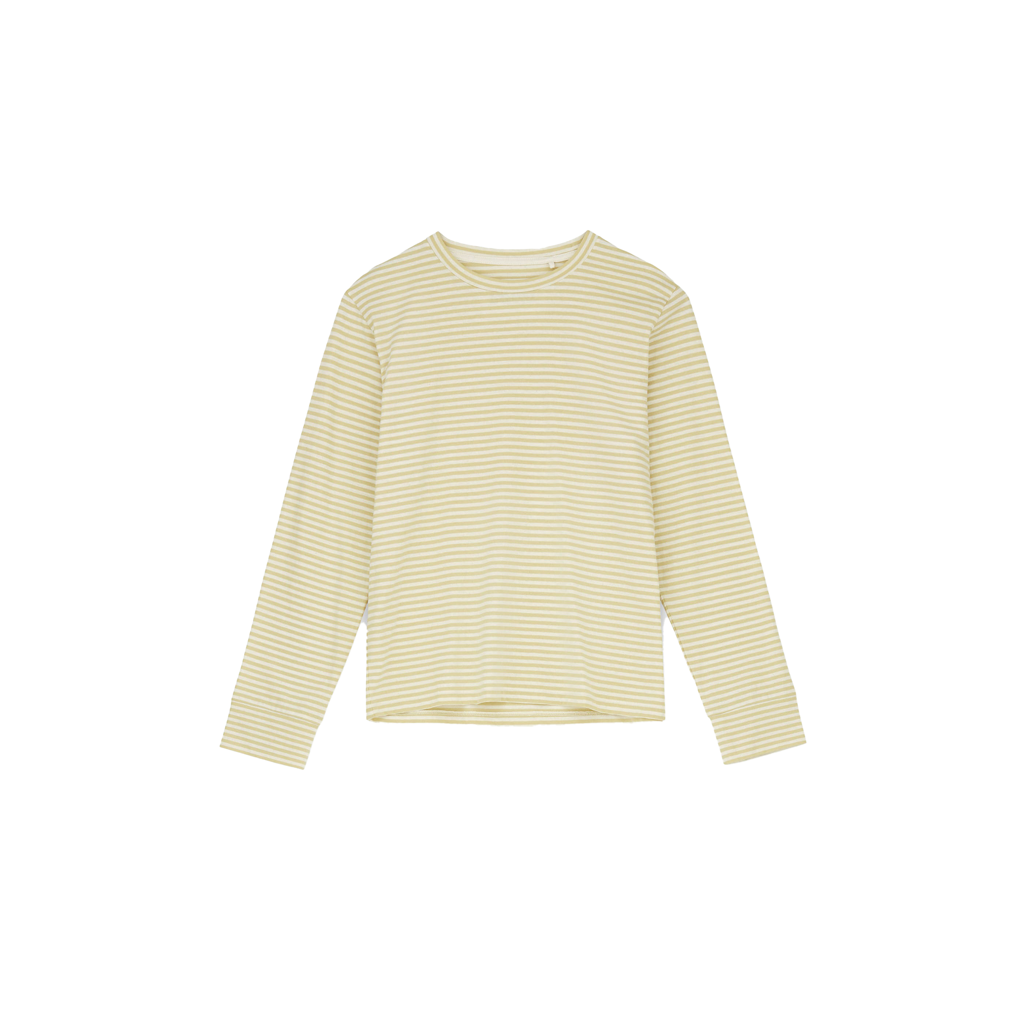 The W Rex Circular LS by Aiayu is a stylish long-sleeve, crew-neck shirt with yellow and white stripes, made from soft organic cotton. It offers a perfect blend of style and sustainability, displayed on a plain black background.