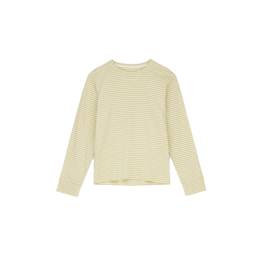 The W Rex Circular LS by Aiayu is a stylish long-sleeve, crew-neck shirt with yellow and white stripes, made from soft organic cotton. It offers a perfect blend of style and sustainability, displayed on a plain black background.
