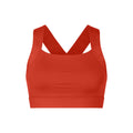 The Kay Sports Bra by Rohnisch is a red, seamless racerback sports bra made from recycled polyester. It features wide shoulder straps, a ribbed band, and moisture-wicking properties for ultimate comfort.