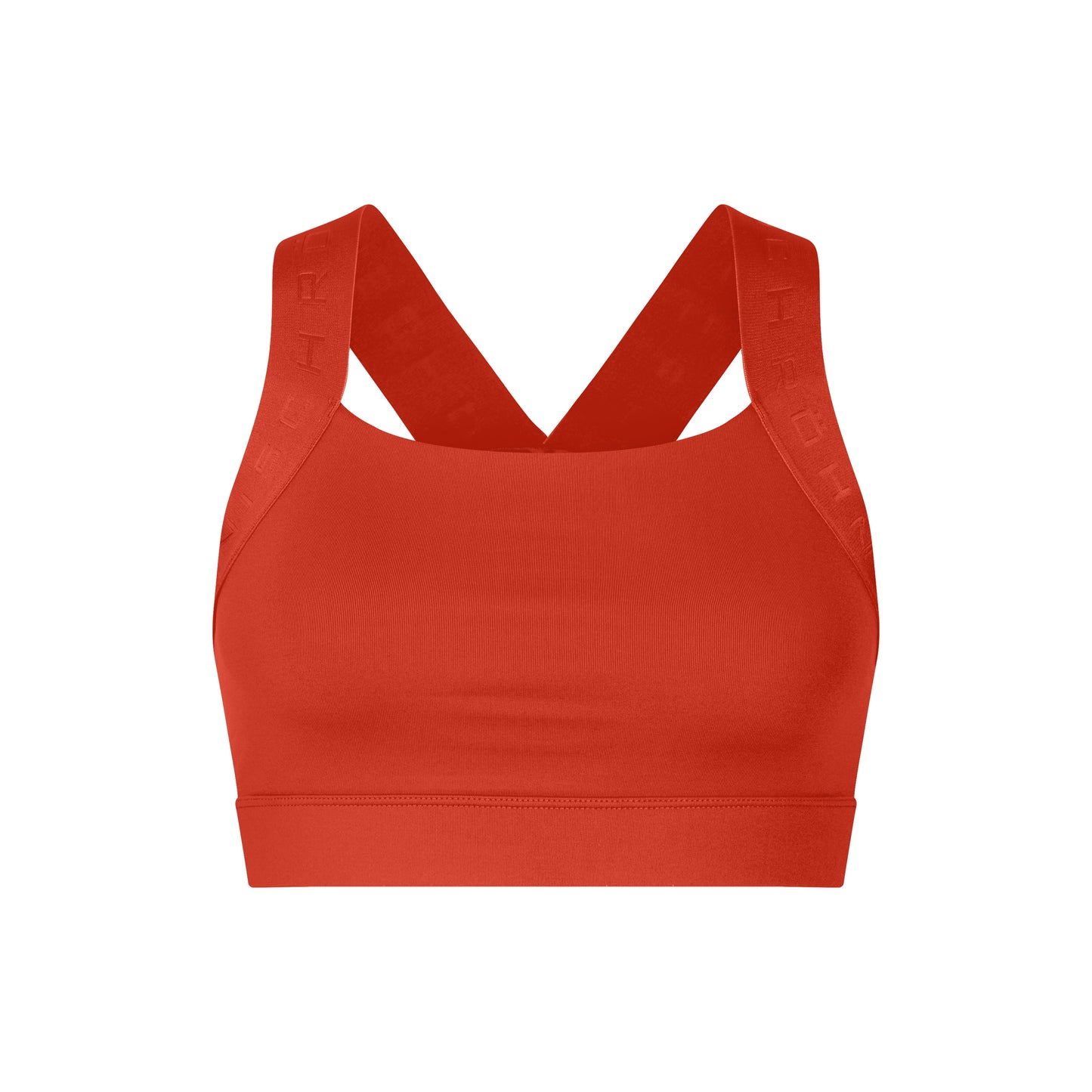 The Kay Sports Bra by Rohnisch is a red, seamless racerback sports bra made from recycled polyester. It features wide shoulder straps, a ribbed band, and moisture-wicking properties for ultimate comfort.