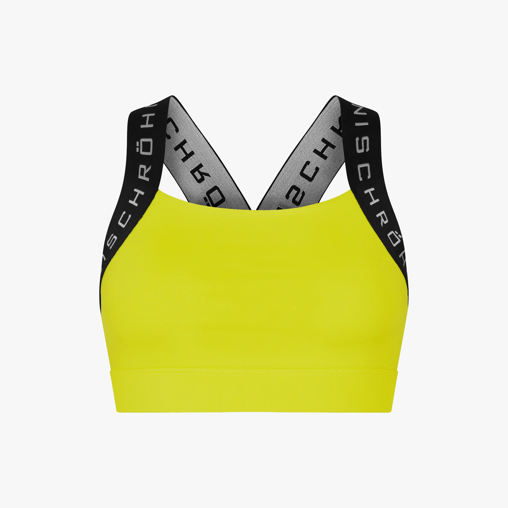 The Rohnisch Kay Sports Bra in neon yellow features black elastic straps with white branding, is made from recycled polyester, and includes moisture-wicking technology for comfort. Shown on a plain white background.