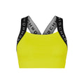 The Kay Sports Bra by Rohnisch is a yellow sports bra made from recycled polyester, featuring black straps and bold white text.