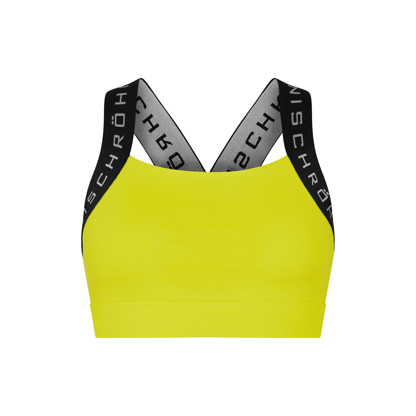 The Kay Sports Bra by Rohnisch is a yellow sports bra made from recycled polyester, featuring black straps and bold white text.