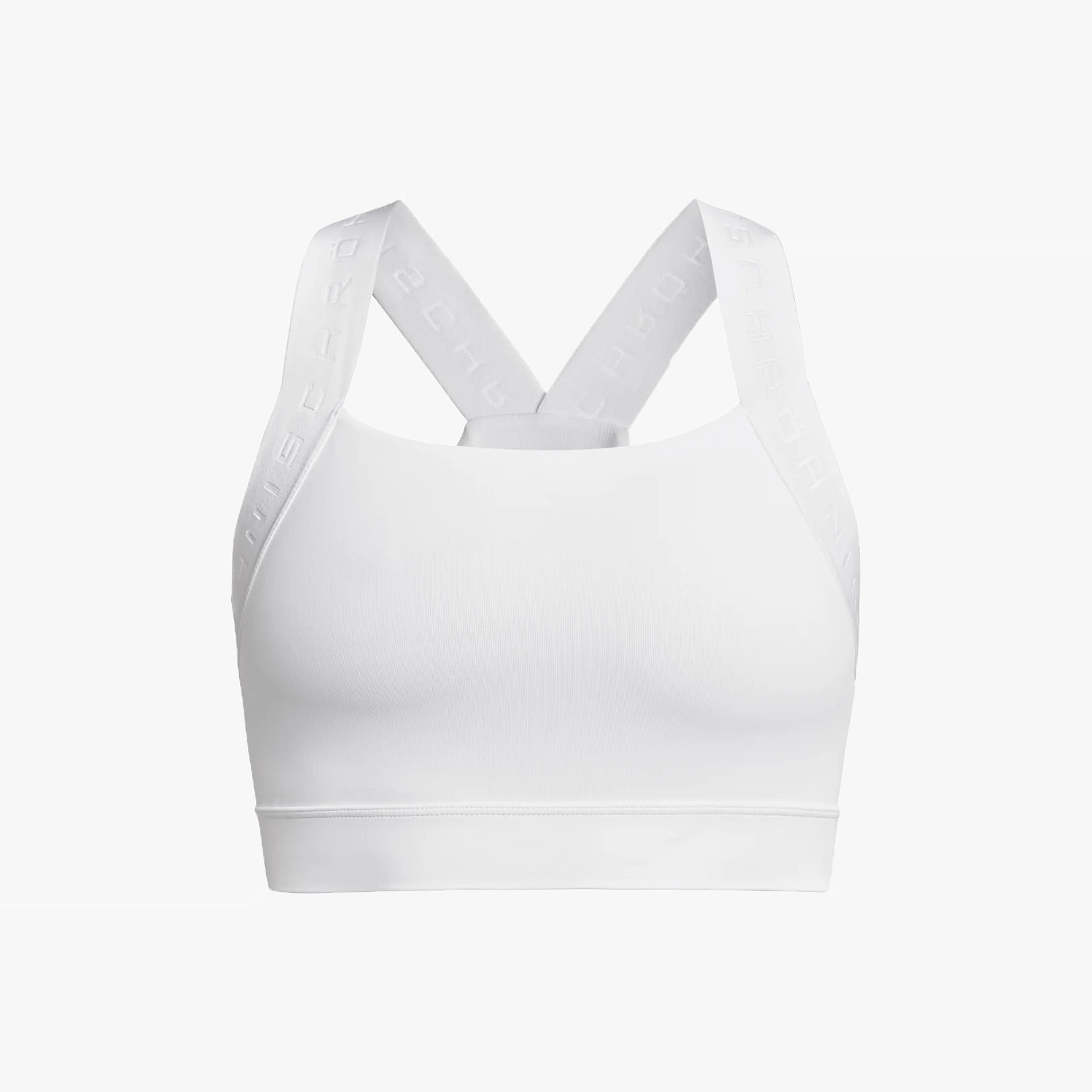 The Rohnisch Kay Sports Bra in white features recycled polyester, wide crisscross back straps, an elastic underbust band, and moisture-wicking comfort, shown against a plain white background.